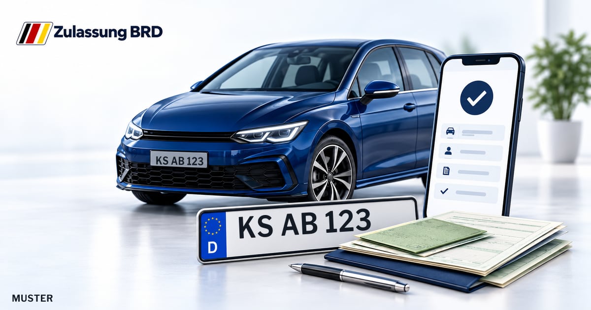 Online Fahrzeugzulassung in Wolfhagen: Musterkennzeichen KS AB 123, Auto und Fahrzeugpapiere und Smartphone. Illustration mit Logo von Zulassung BRD.